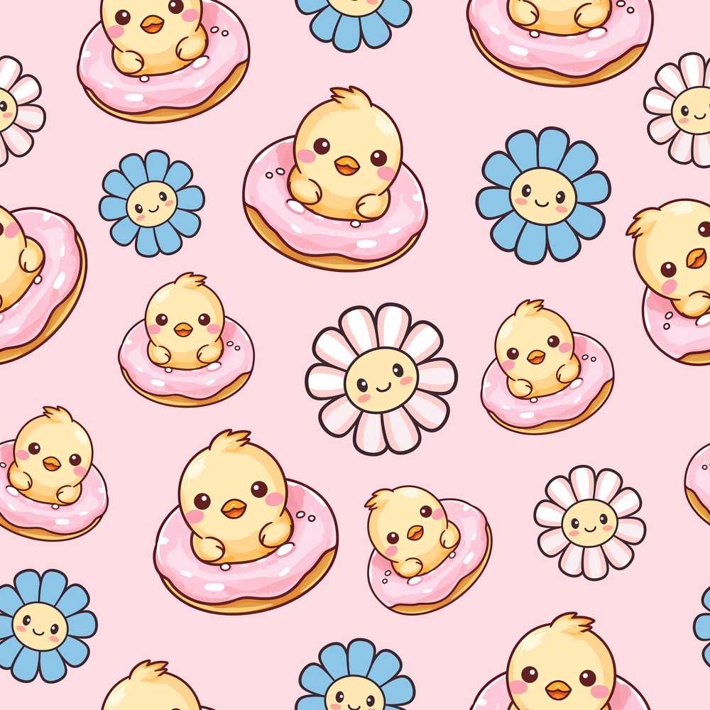 Kawaii Chick Sitting on Donut with Flowers Blush Background