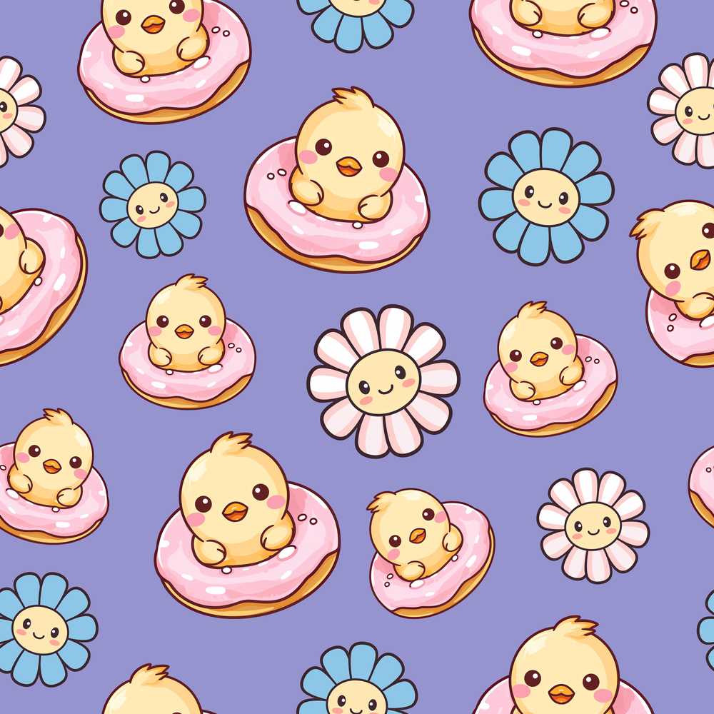 Kawaii Chick Sitting on Donut with Flowers Purple Background