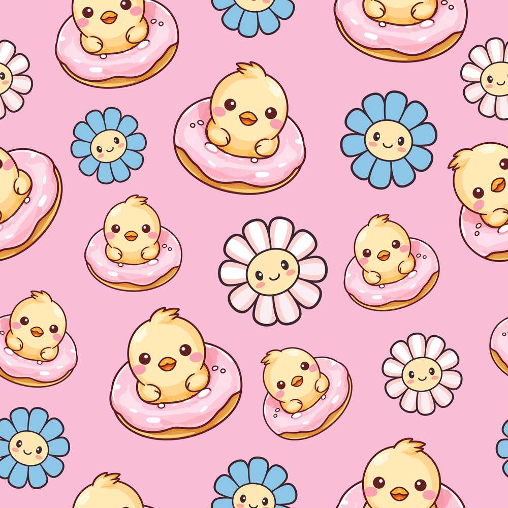 Kawaii Chick Sitting on Donut with Flowers Pink Background