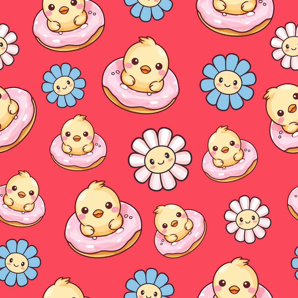 Cute Kawaii Chick Sitting on Donut with Flowers Red Background