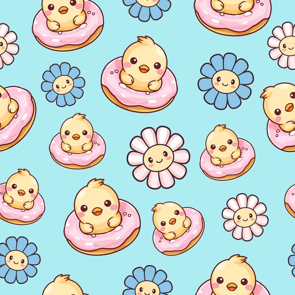 Kawaii Chick Sitting on Donut with Flowers Teal Background