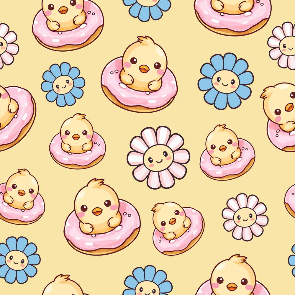 Kawaii Chick Sitting on Donut with Flowers Yellow Background