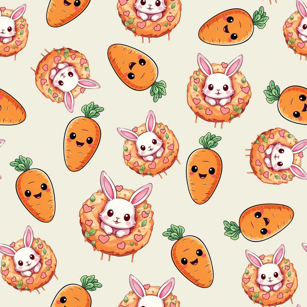 Cute Kawaii Bunny with Carrot Donut Cream Background