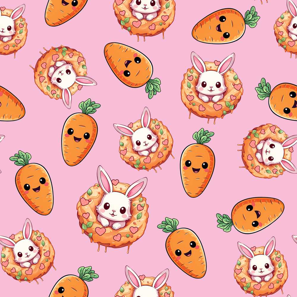 Cute Kawaii Bunny with Carrot Donut Blush Background