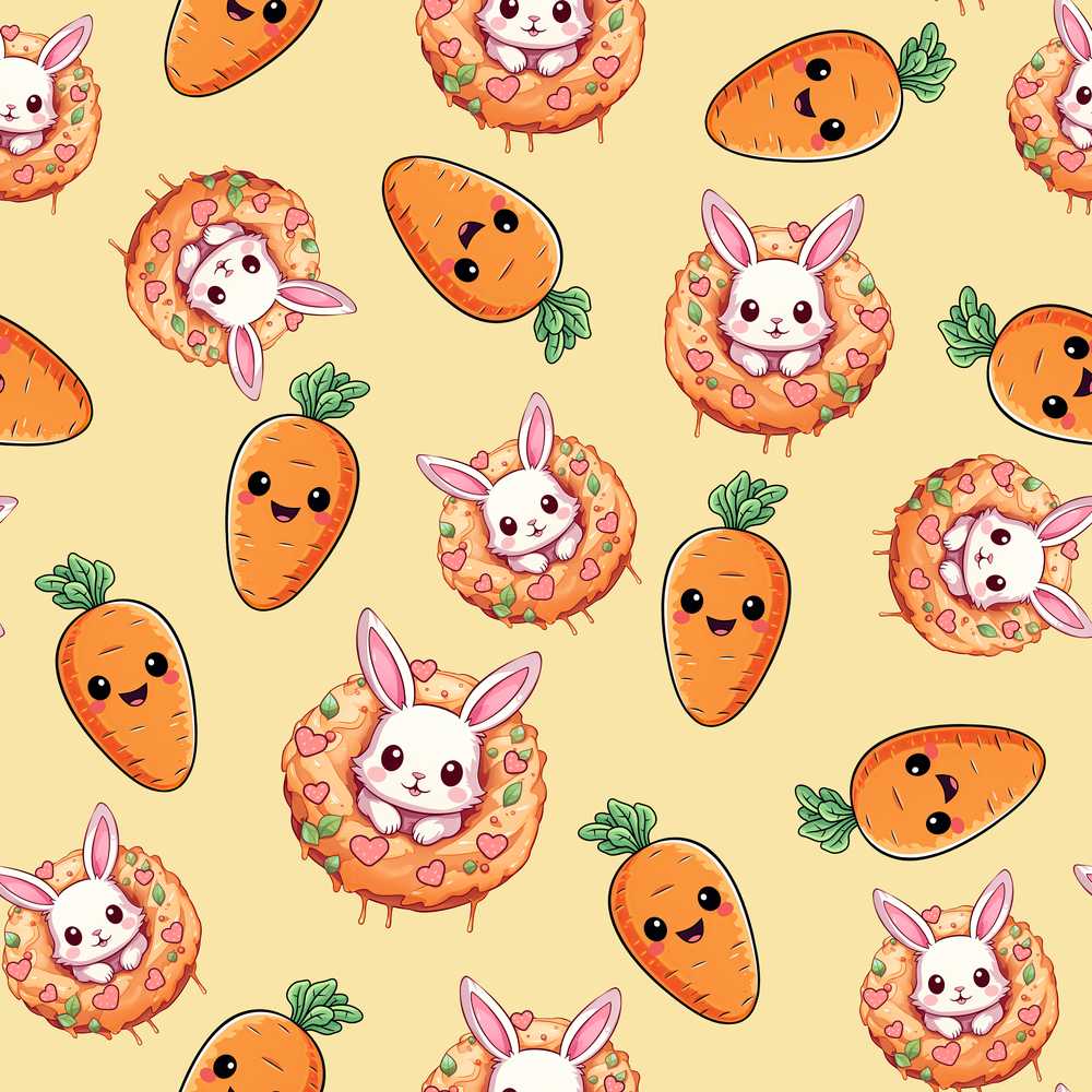 Cute Kawaii Bunny with Carrot Donut Yellow Background