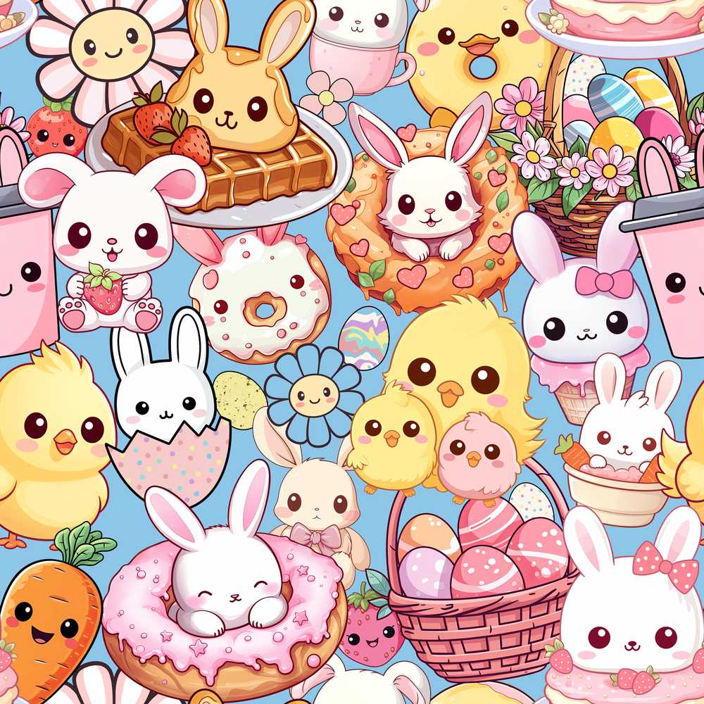 Cute Easter Bunny Chick and Eggs Dessert Blue Background