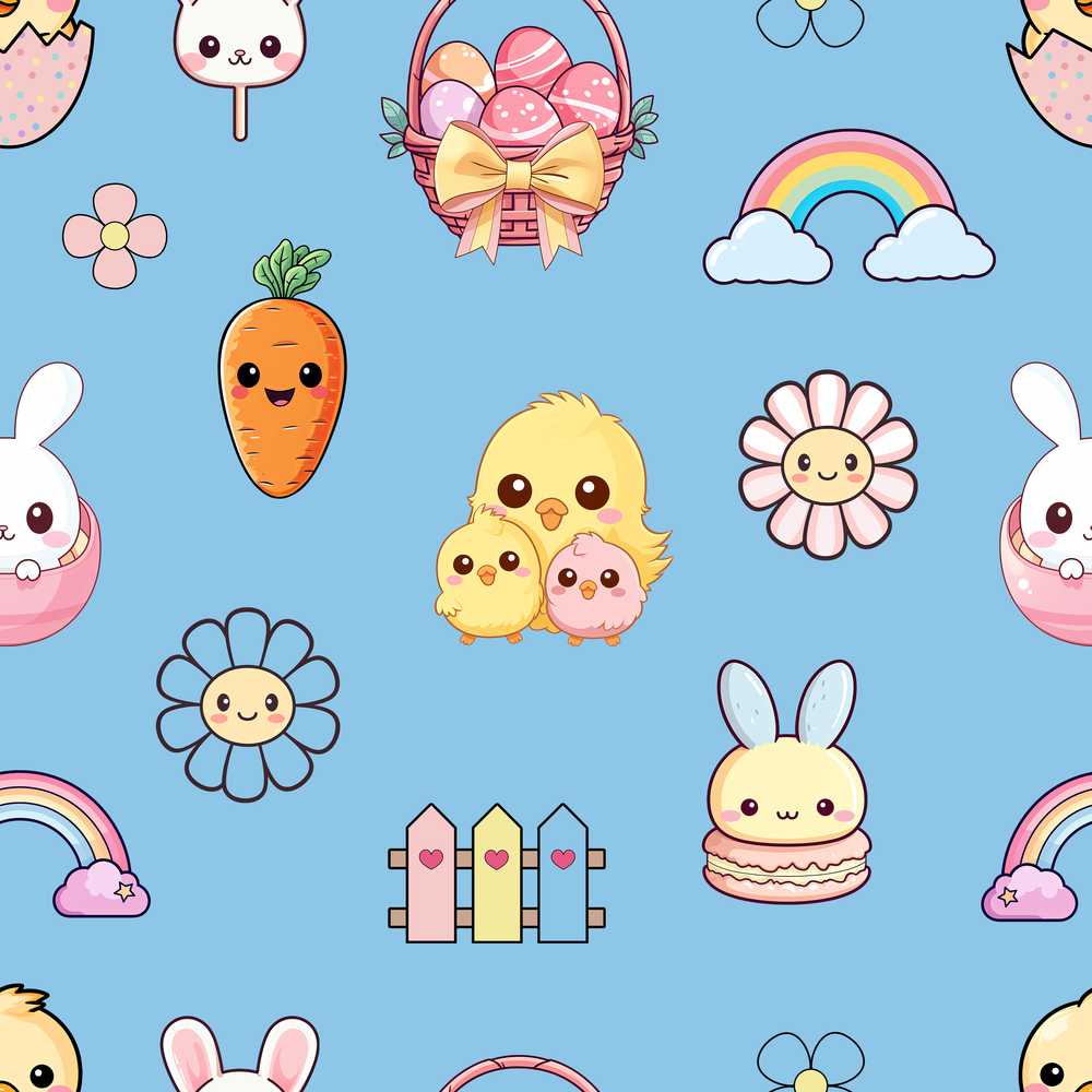 Cute Easter Chick Bunny Macaron Carrot Rainbow Blue Background