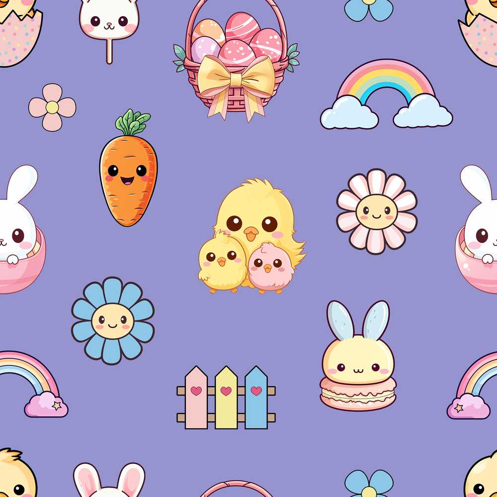 Easter Chick Bunny Macaron Carrot Rainbow Purple Background