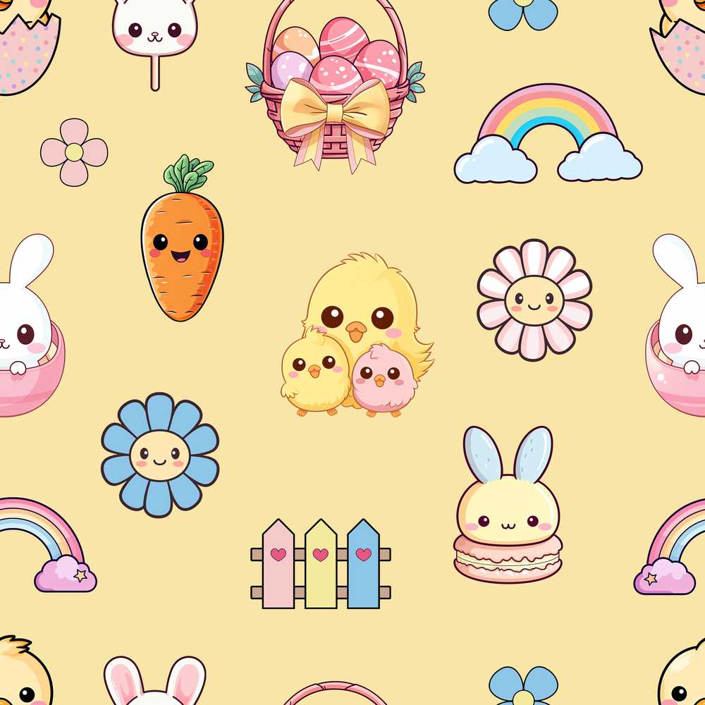 Easter Chick Bunny Macaron Carrot Rainbow Yellow Background