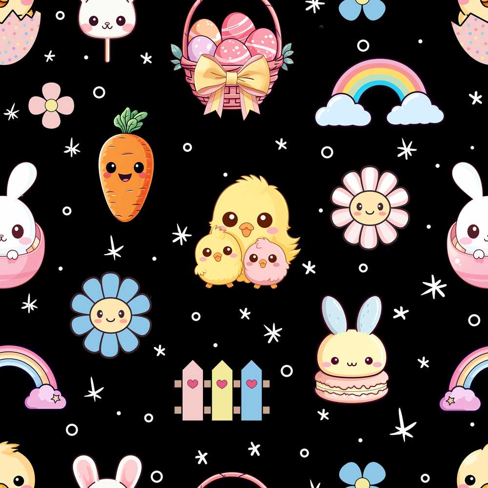Easter Chick Bunny Macaron Carrot Rainbow Black Background
