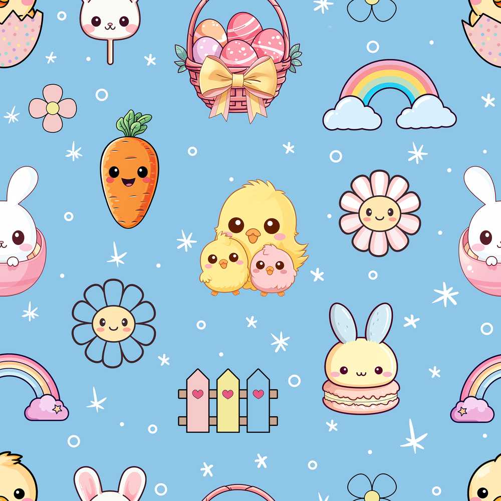 Easter Chick Bunny Macaron Carrot Rainbow Sky Blue Background