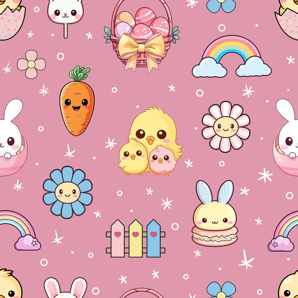 Cute Easter Chick Bunny Carrot Rainbow Basket Pink Background