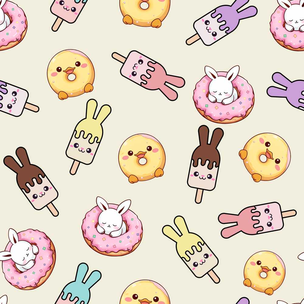 Cute Bunny Ice Cream Donut Chick Kawaii Cream Background