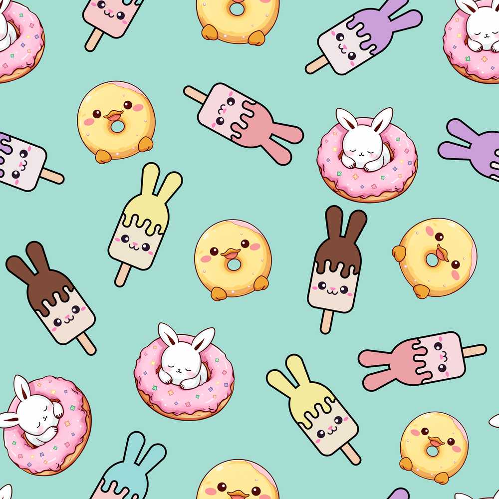 Cute Bunny Ice Cream Donut Chick Kawaii Mint Background