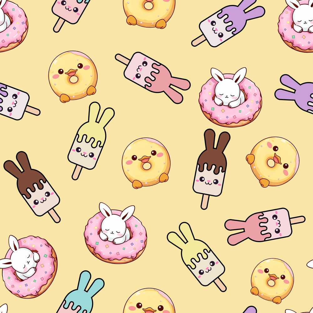 Cute Bunny Donut Ice Cream Kawaii Dessert Yellow Background