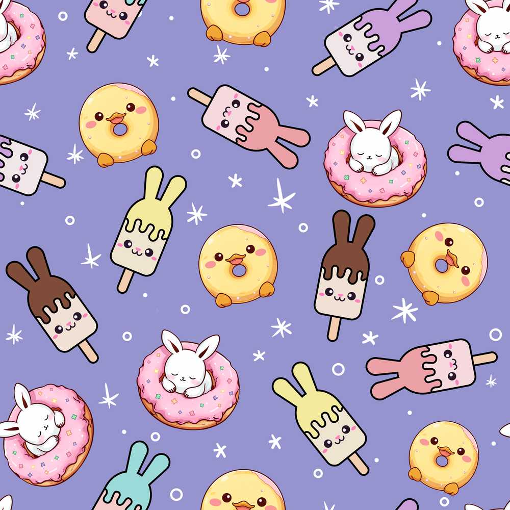 Cute Bunny Donut Ice Cream Kawaii Dessert Purple Background