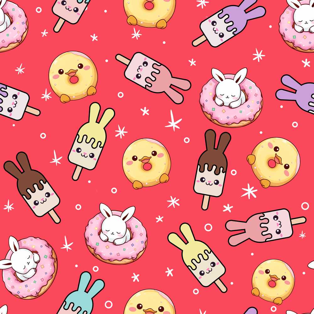 Cute Bunny Donut Ice Cream Kawaii Dessert Red Background