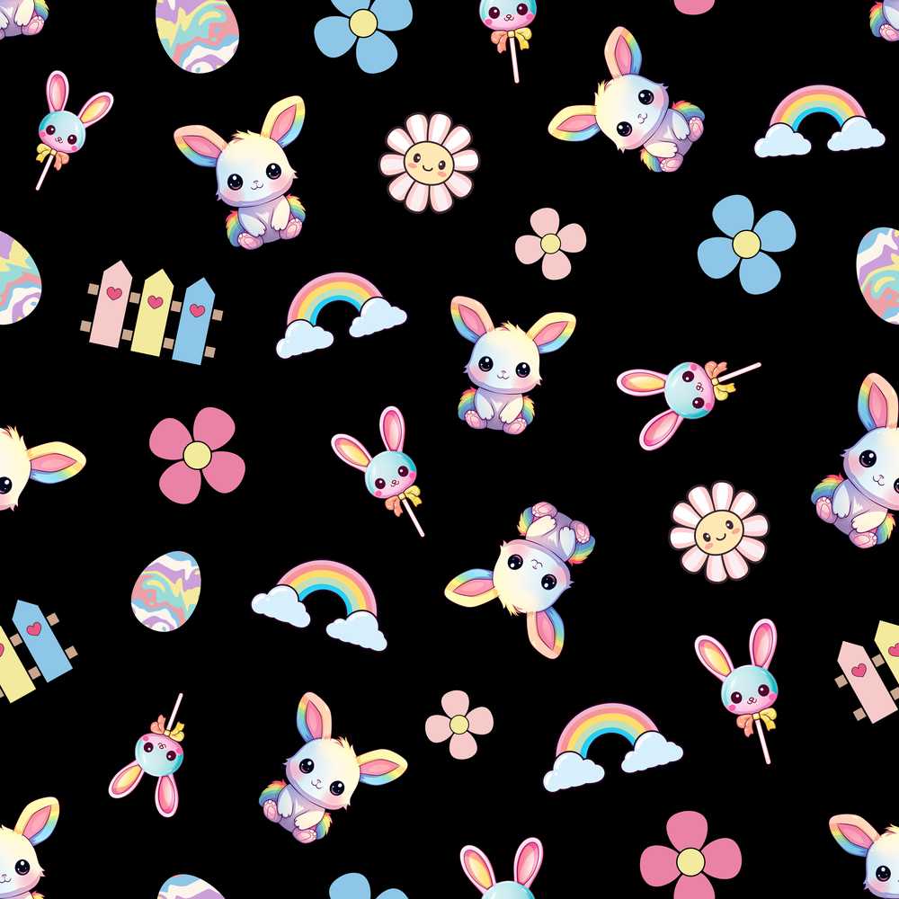 Cute Rainbow Bunny Flower Easter Egg Black Background Wildflower
