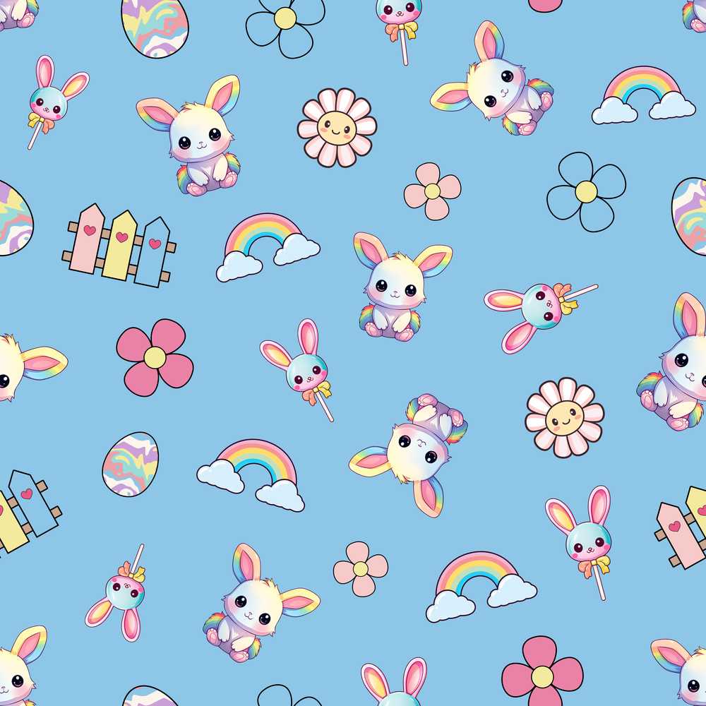 Cute Rainbow Bunny Flower Easter Egg Blue Background Wildflower