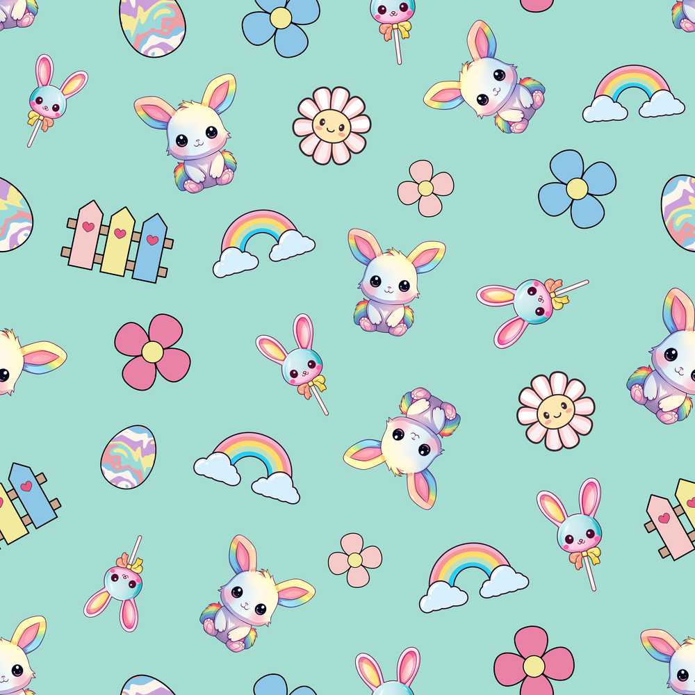 Cute Rainbow Bunny Flower Easter Egg Mint Green Background