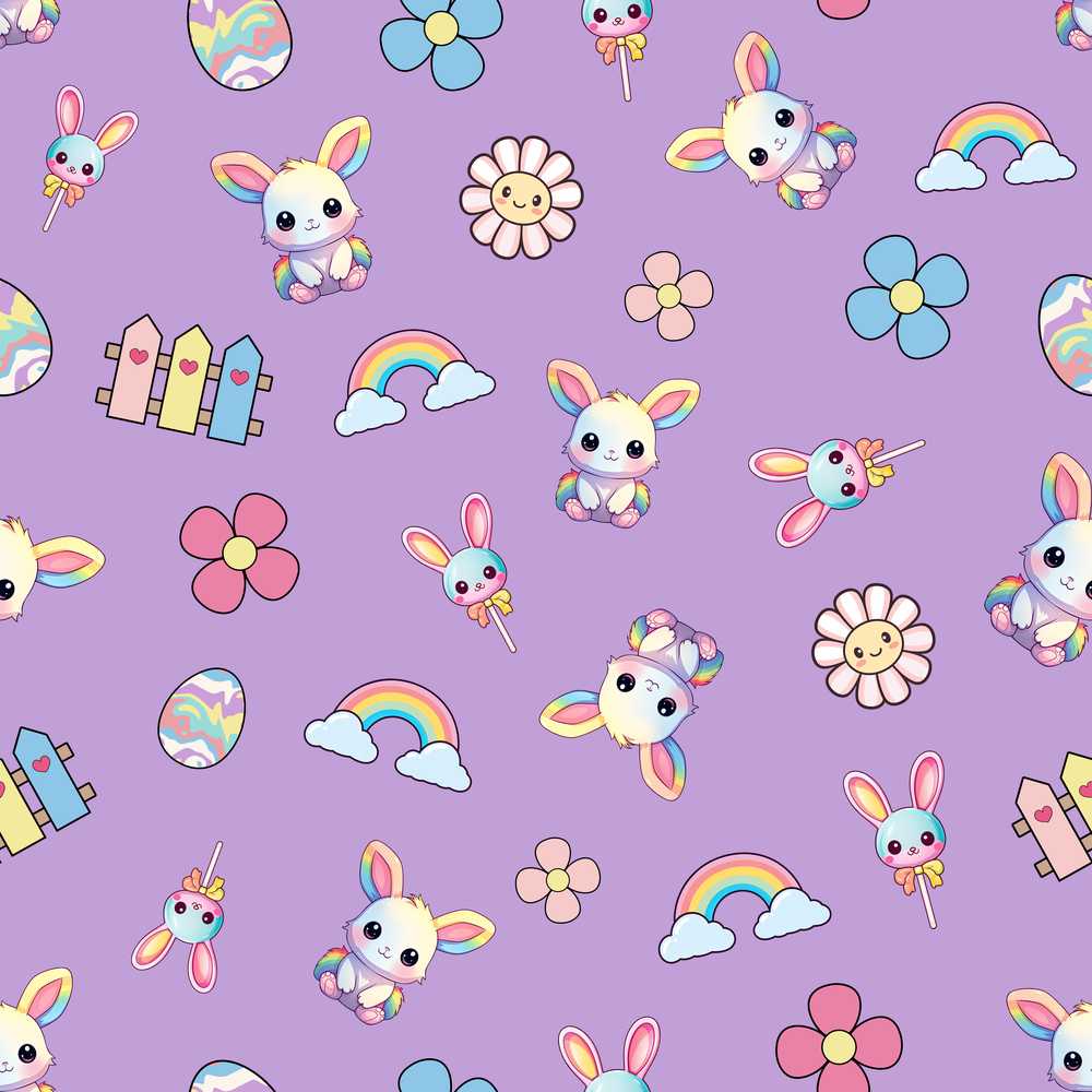 Cute Rainbow Bunny Flower Easter Egg Purple Background Wildflower