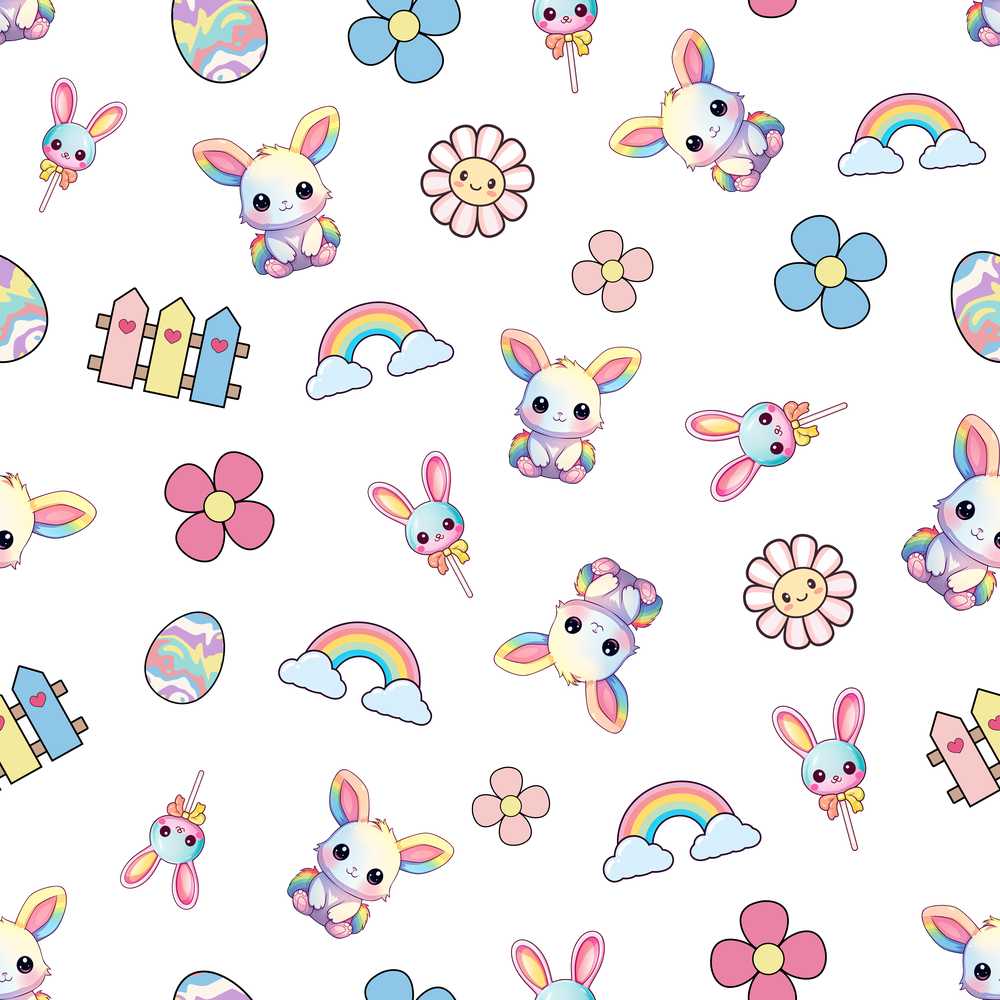 Cute Rainbow Bunny Flower Easter Egg Light Grey Background