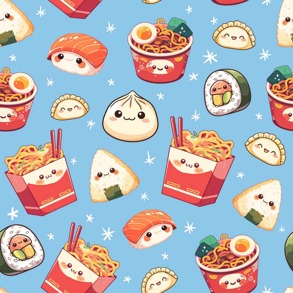 Cute Kawaii Sushi Ramen Dumpling Asian Food Blue Background