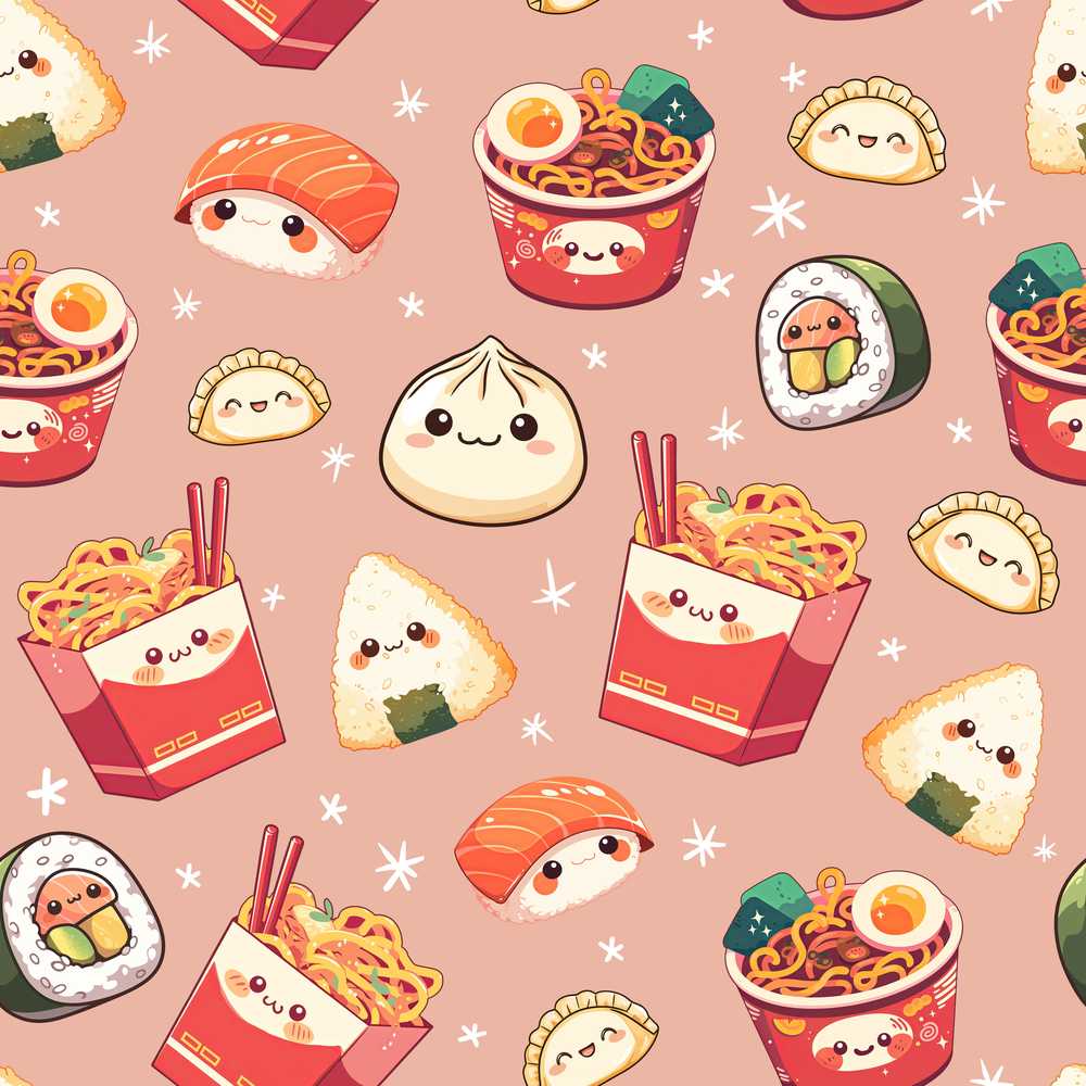 Cute Kawaii Sushi Ramen Dumpling Asian Food Peach Background