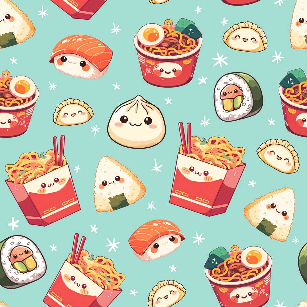Cute Kawaii Sushi Ramen Dumpling Asian Food Teal Background