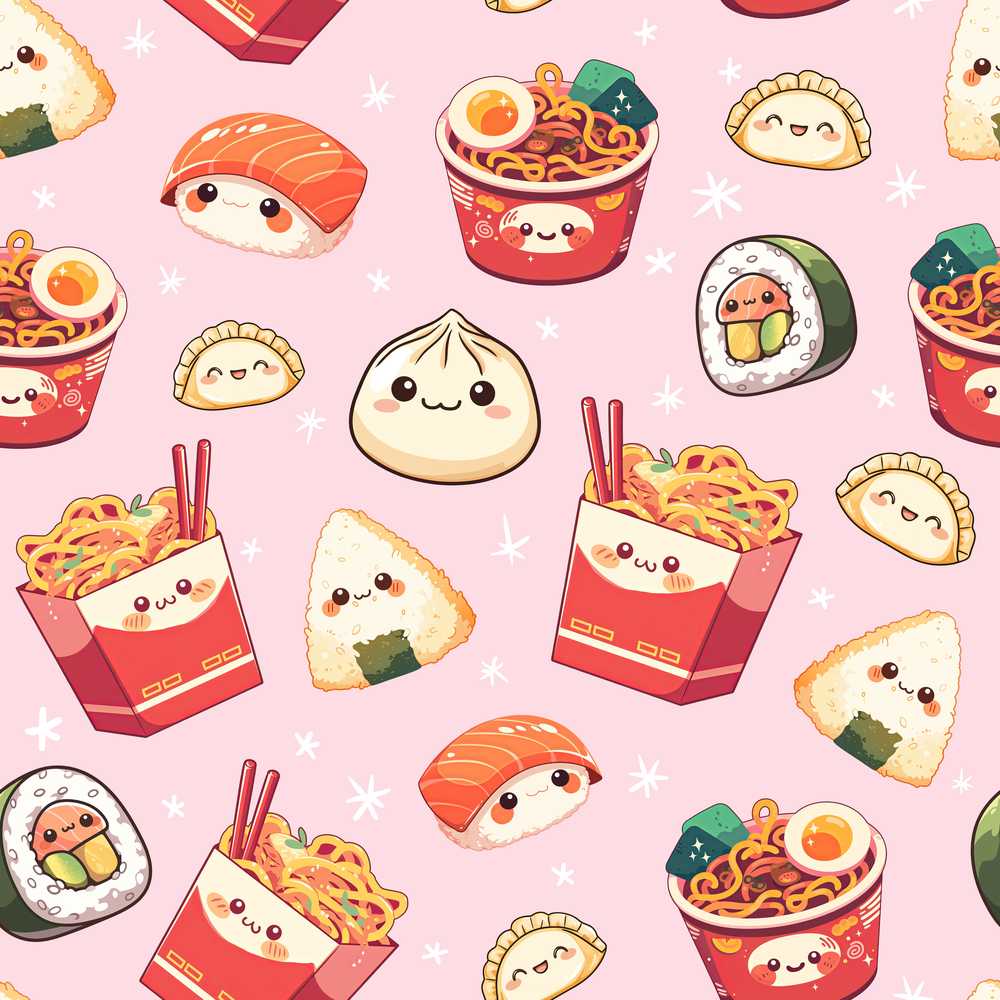 Kawaii Sushi Ramen Dumpling Asian Food Soft Pink Background