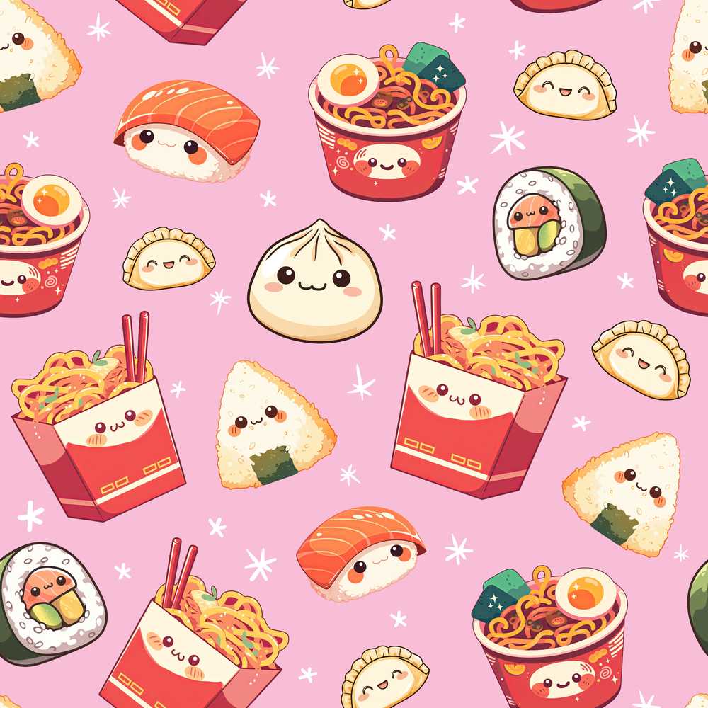 Kawaii Sushi Ramen Dumpling Asian Food Rose Pink Background