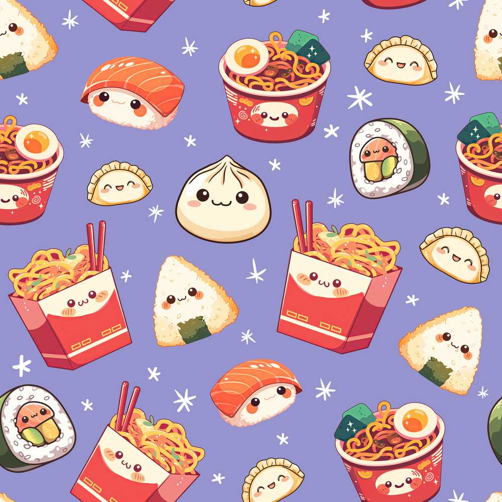 Kawaii Sushi Ramen Dumpling Asian Food Lavender Background