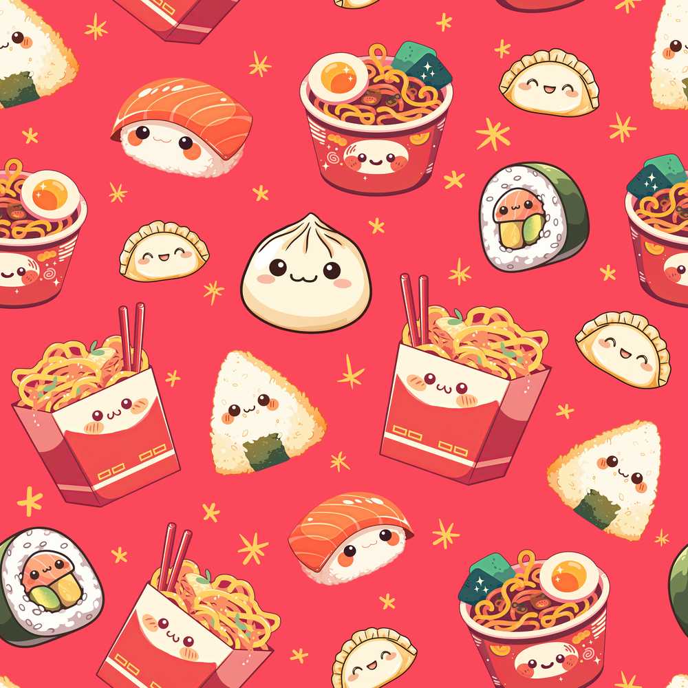 Cute Kawaii Sushi Ramen Dumpling Asian Food Red Background
