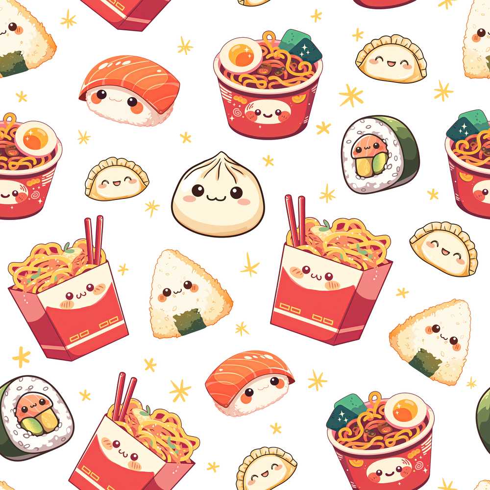 Kawaii Sushi Ramen Dumpling Asian Food Light Grey Background