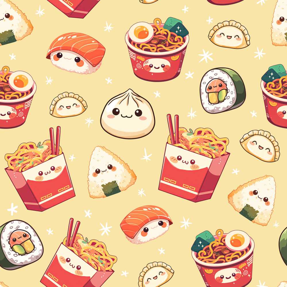 Cute Kawaii Sushi Ramen Dumpling Asian Food Yellow Background