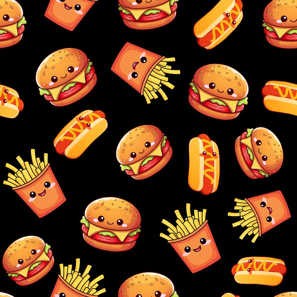 Cute Kawaii Burger Fries Hotdog Fast Food Black Background
