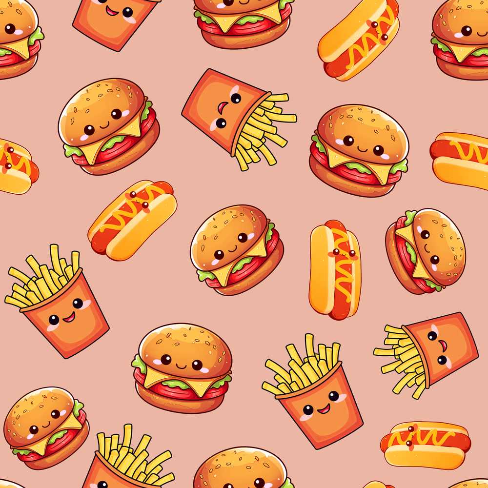 Cute Kawaii Burger Fries Hotdog Fast Food Beige Background