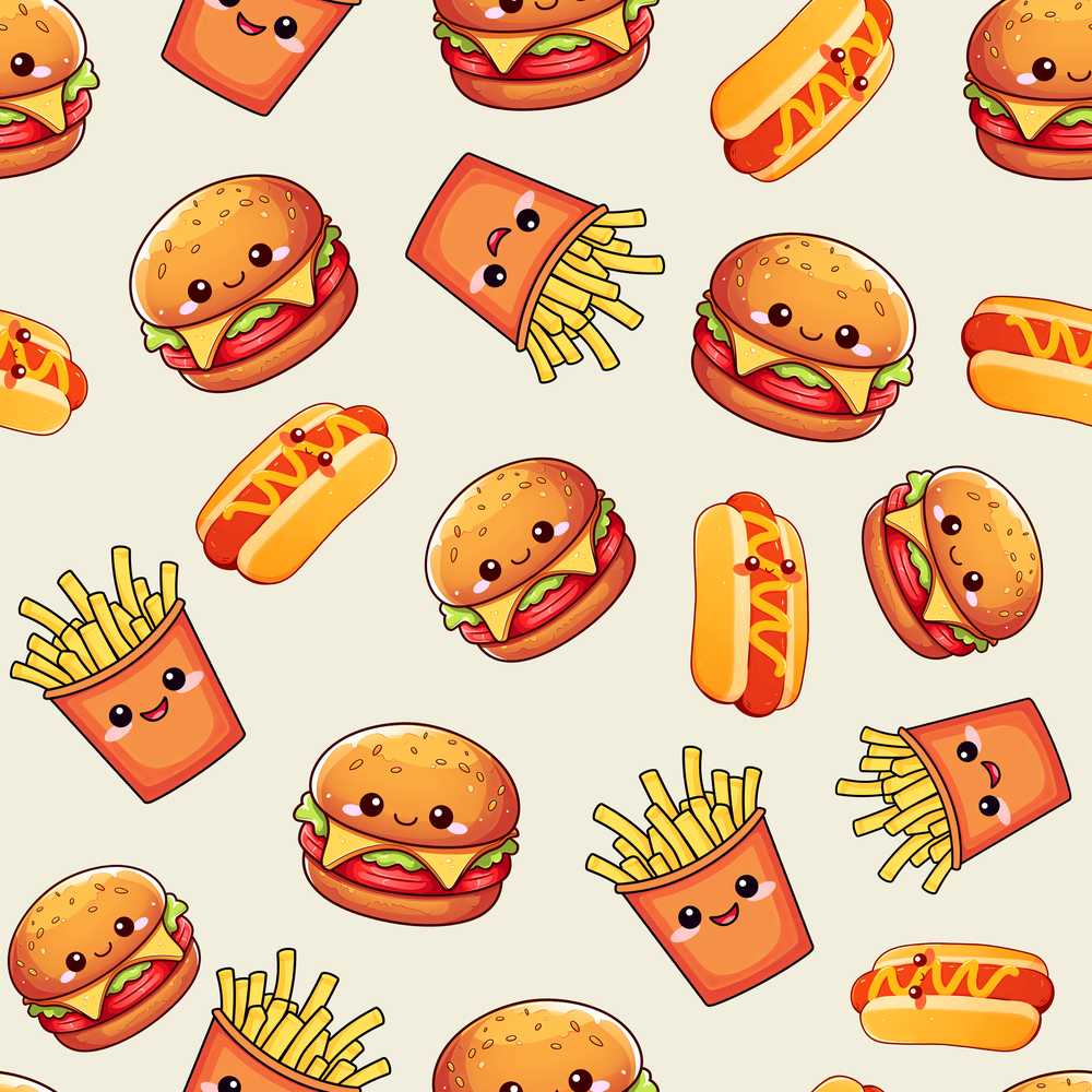 Kawaii Burger Fries Hotdog Fast Food Light Cream Background