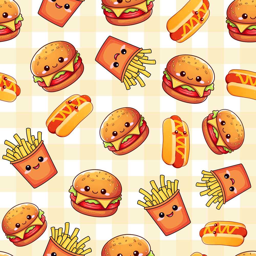 Cute Kawaii Burger Fries Hotdog Fast Food Gingham Background