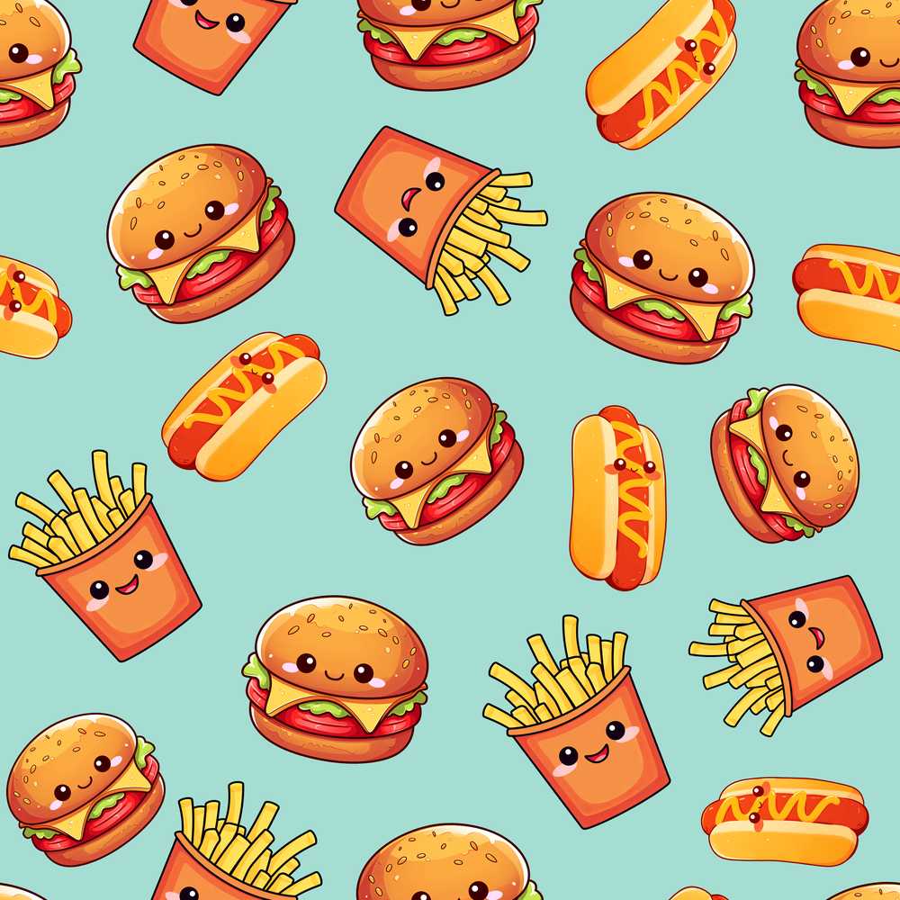 Cute Kawaii Burger Fries Hotdog Fast Food Mint Background