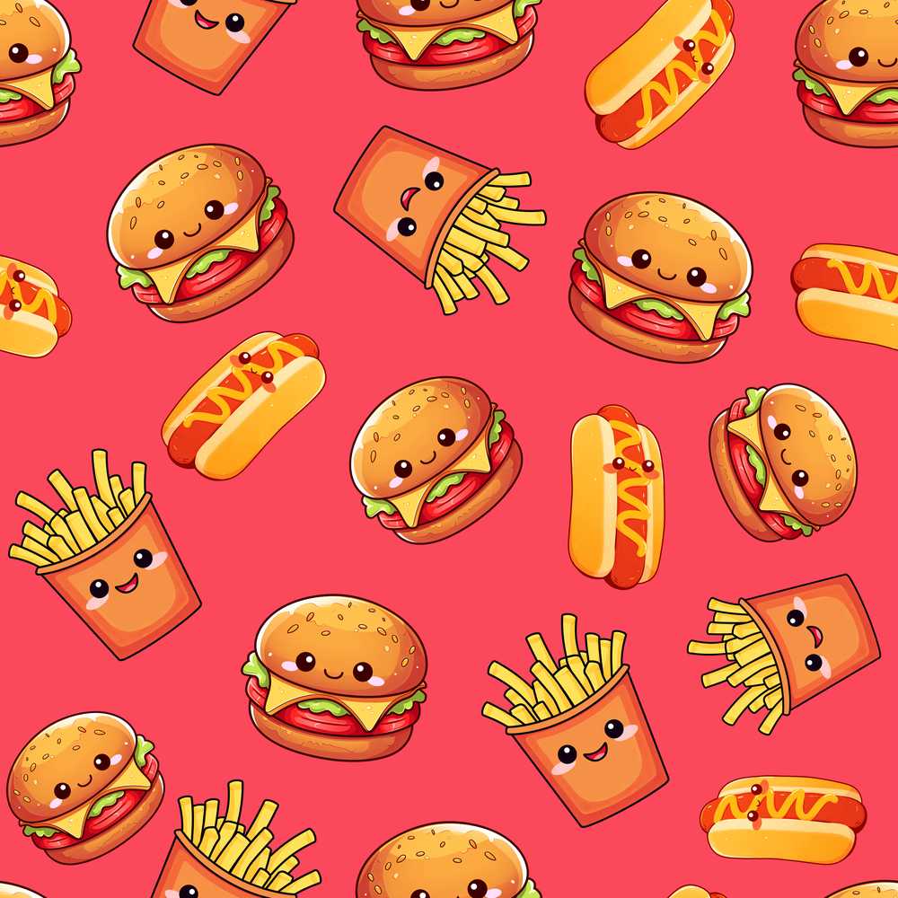 Cute Kawaii Burger Fries Hotdog Fast Food Red Background