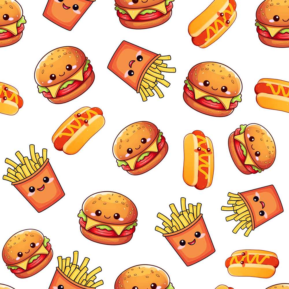 Cute Kawaii Burger Fries Hotdog Fast Food Grey Background