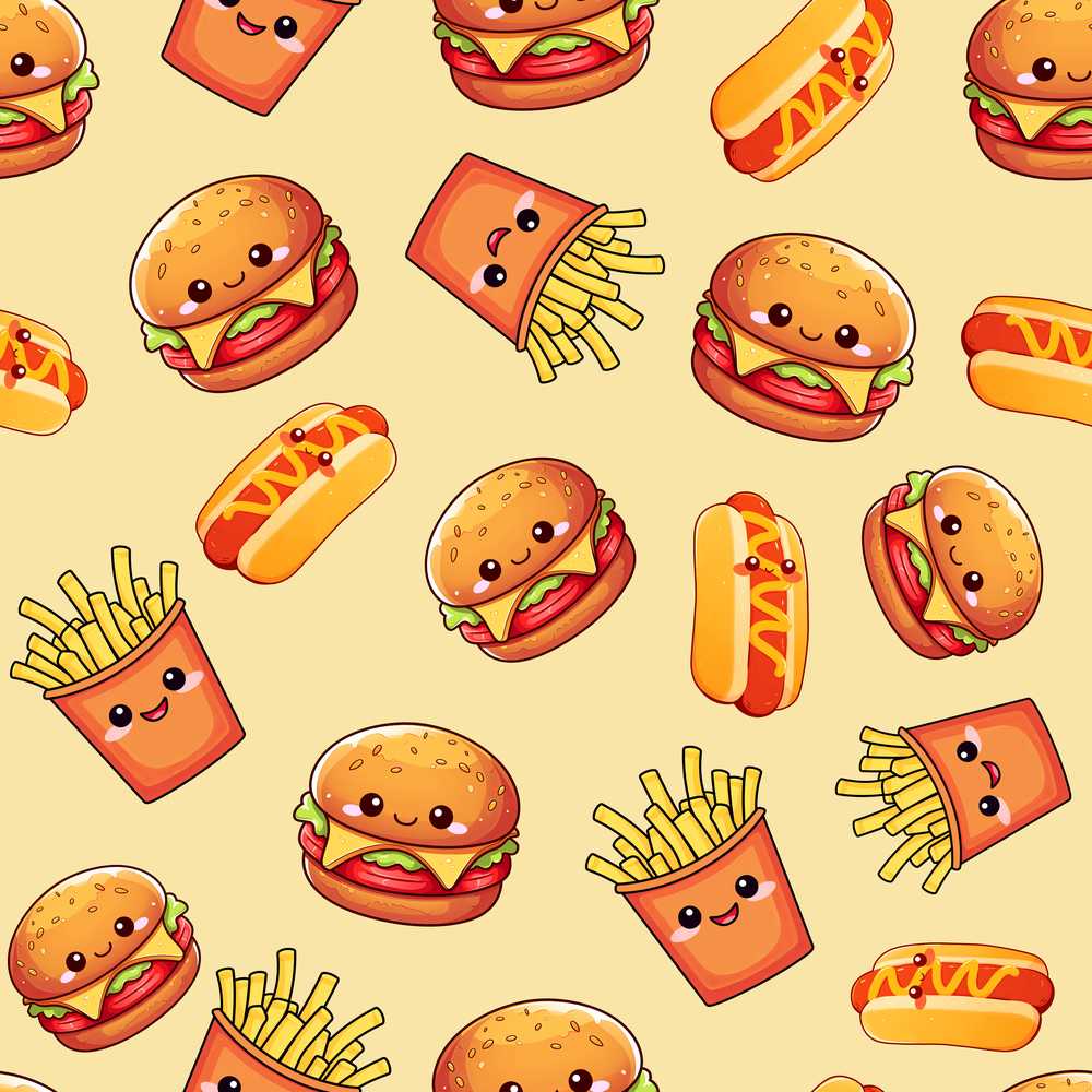 Cute Kawaii Burger Fries Hotdog Fast Food Beige Background