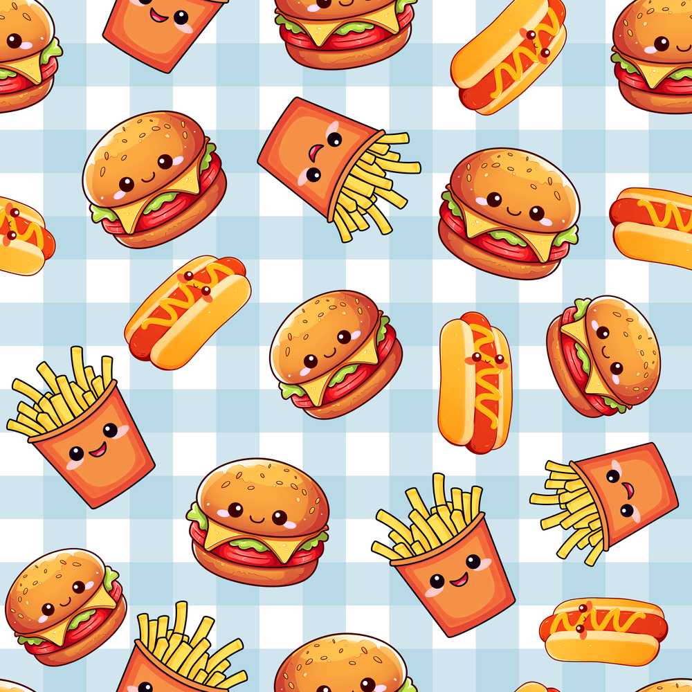 Kawaii Burger Fries Hotdog Fast Food Blue Gingham Background