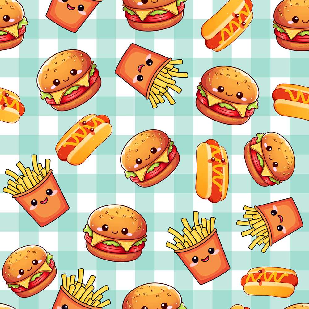 Kawaii Burger Fries Hotdog Fast Food Mint Gingham Background