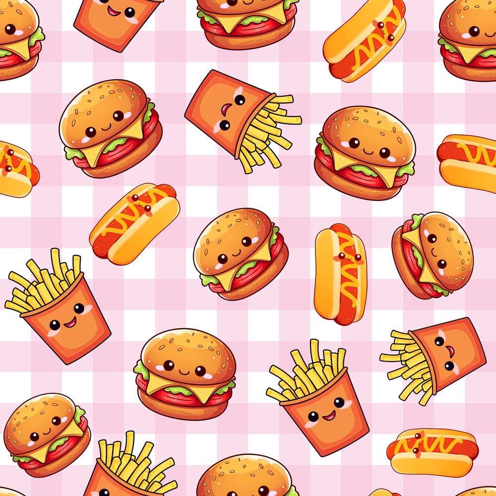 Kawaii Burger Fries Hotdog Fast Food Pink Gingham Background