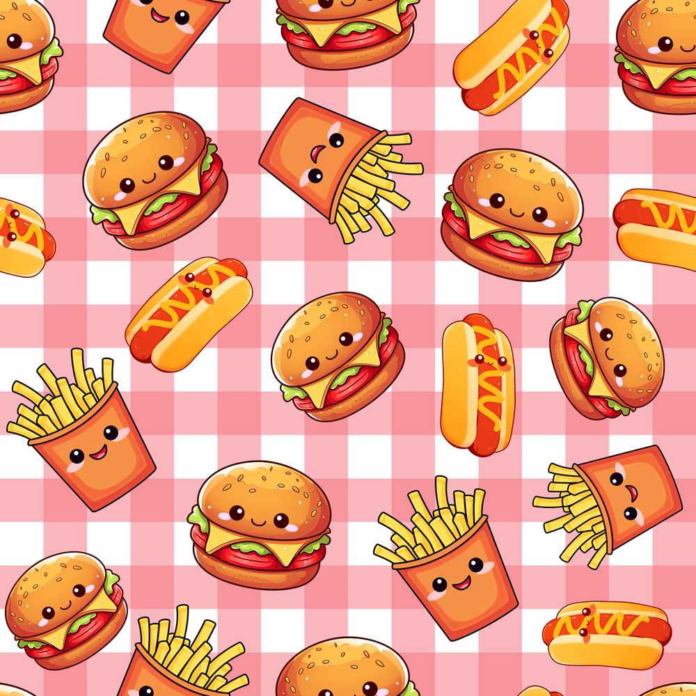 Kawaii Burger Fries Hotdog Fast Food Red Gingham Background