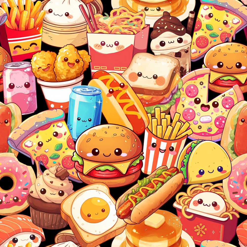Cute Kawaii Fast Food Junk Food Snack Collage Black Background