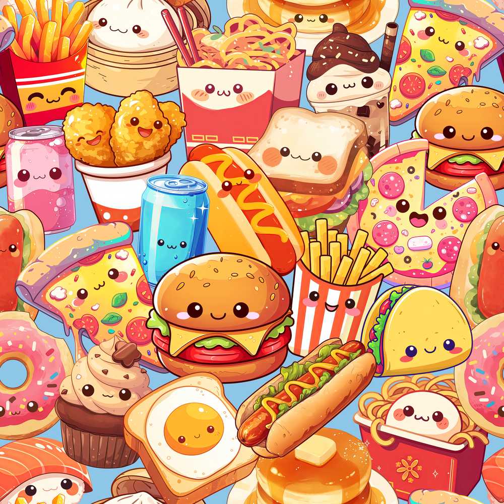 Cute Kawaii Fast Food Junk Food Snacks Collage Blue Background