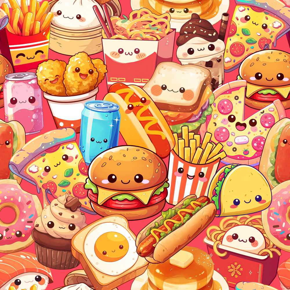 Cute Kawaii Fast Food Junk Food Snacks Collage Red Background